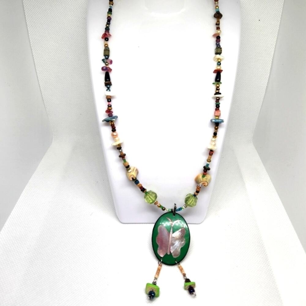 Boho Beaded Necklace Seashell & Green Pendant Colorful Statement Jewelry